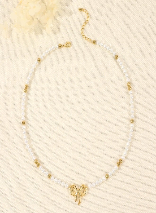 MOONWALTZ Pearl Choker Necklace for Women 14K Gold Plated Bow Necklace Elegant Bowknot Charm Pearl Necklace Gold Ball Beaded Bow Knot Ribbon Choker Necklace Summer Trendy Y2K Party Jewelry Gift for Women - Image 5